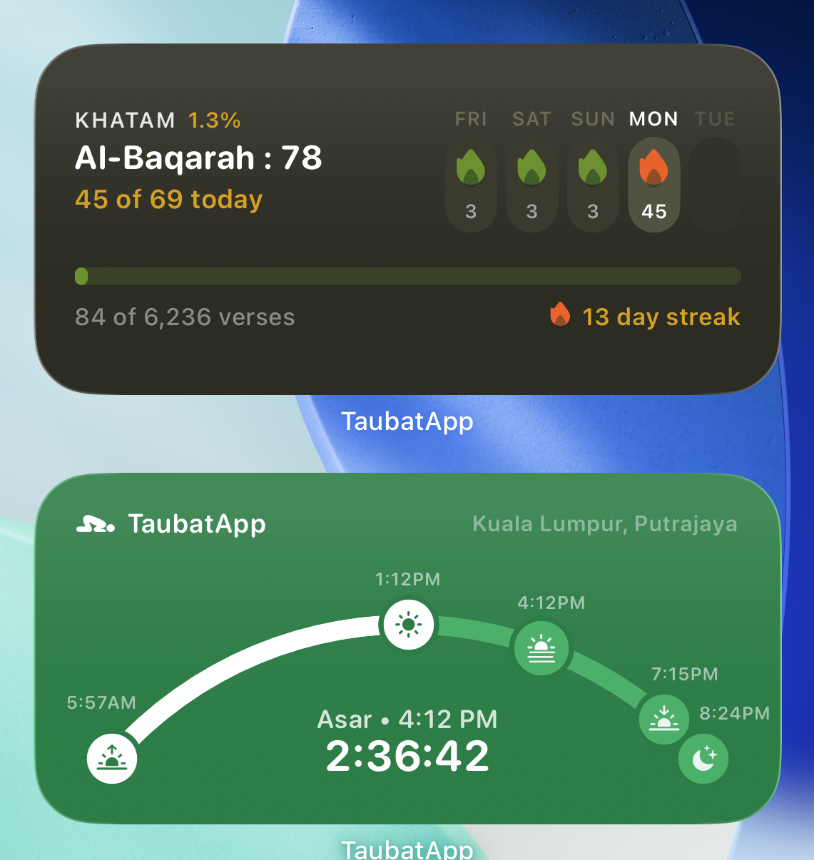 Widget Taubat di skrin utama iPhone: sasaran khatam hari ini dan waktu Asar.