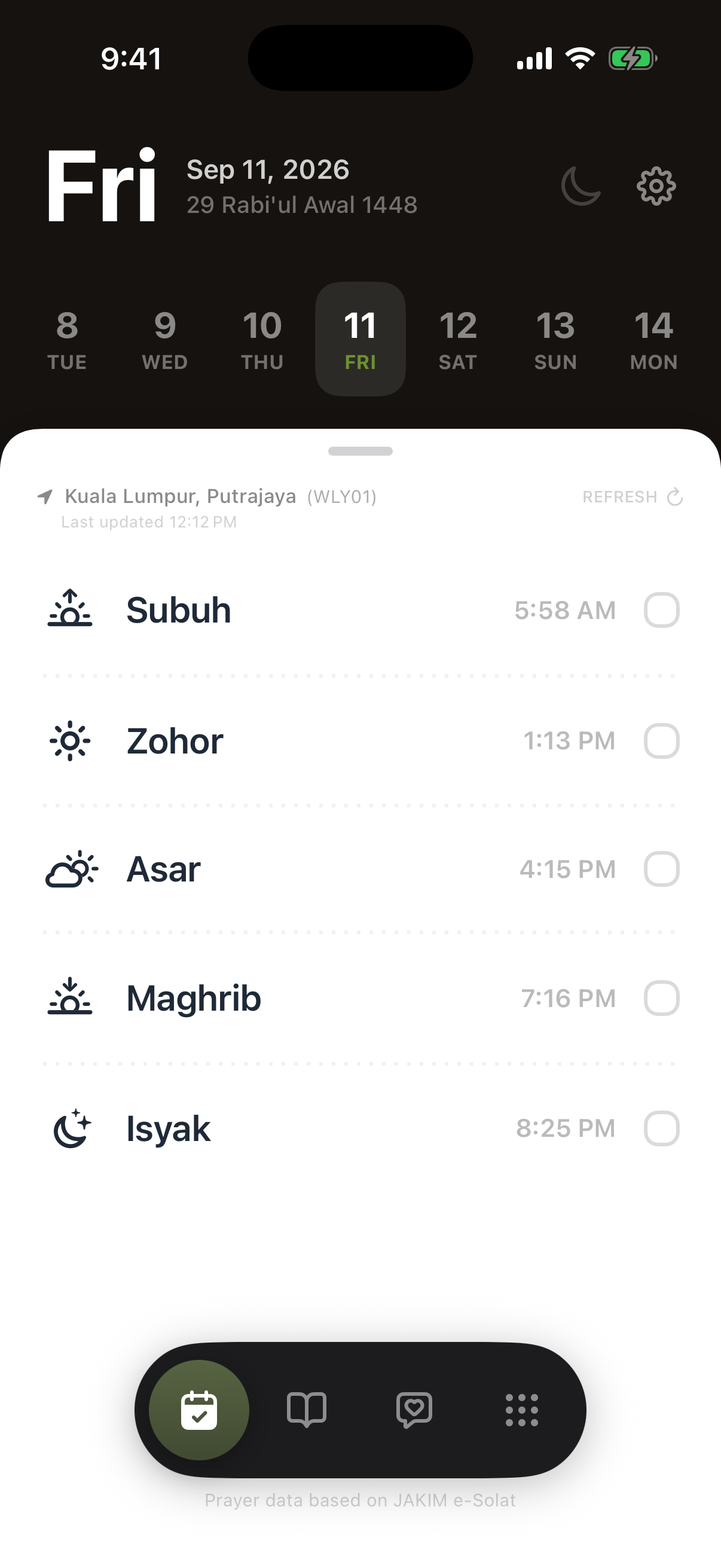 Skrin utama Taubat: waktu solat hari ini dan rekod setiap solat.
